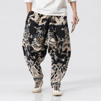 Men's Dragon Print Cotton Linen Harem Trousers