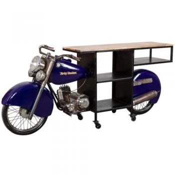 Barra Botellero Moto de Madera y Metal Azul 235x45x98