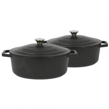 Pack of Two 4.68L Oval Cast Iron Casseroles with Self‑Basting Lid – Black
