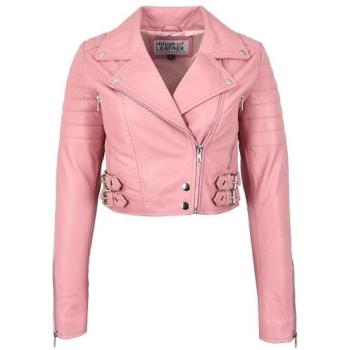House of Leather Women's White-Pink Demi Cropped Biker