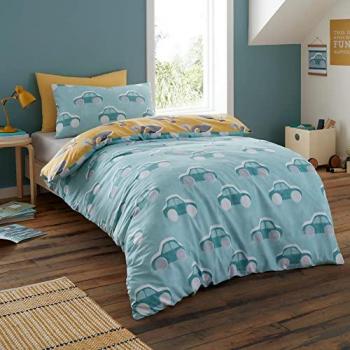 Reversible Cool Cars Kids Duvet Set in Blue and Yellow – Pure Cotton