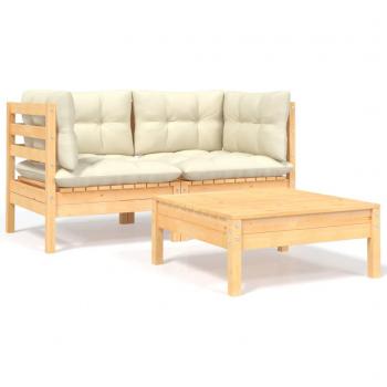 Salon de jardin 3 pcs coussins crème Bois de pin massif