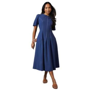 Blue Midi Dress with Structured Seam and Pleated Trim