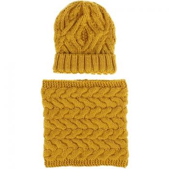 Écharpe chaude et bonnet pour femmes, ensemble tricoté hiver blanc jaune