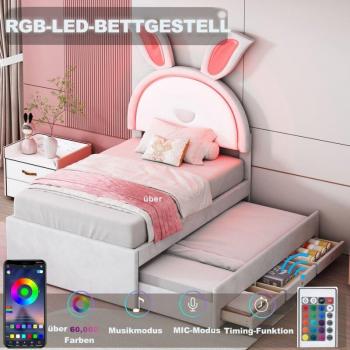 Letto Coniglio 90x190cm con estensione e 3 cassetti, testa a forma di coniglio, LED incorporato, velluto color beige