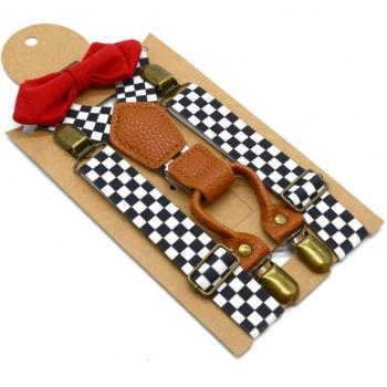 Formale Hosenträger für Jungen Schwarz Weiß Kariert 4 Clips 65cm x 2,5cm