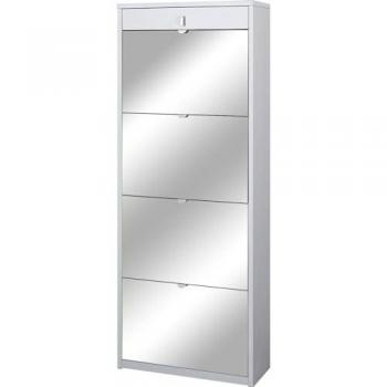 Scarpiera 4 ante + specchio, 1 cassetto, design bianco fiammato
