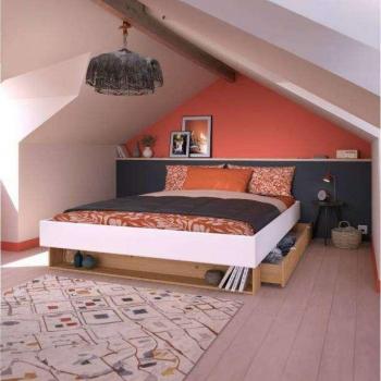 MIROYTENGO Cama Doble con Lámpara y Cajón Bajo en Color Blanco y Roble Artesanal