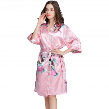 Damen Nachtwäsche Bademantel Kimono, glatter Satin mit Pfau und Blumen, langer Stil