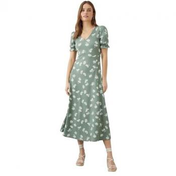 Ditsy Print Khaki Midi Dress – Women's Short Sleeve, Size 18
