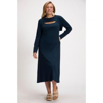 Ulla Popken Damen Midikleid in großen Größen, blau, Baumwolle