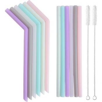 SustainStir 12‑Pack Reusable Silicone Straws, Long Flexibles + 2 Cleaning Bristles