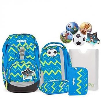 Ergobag 6‑teiliges Schulrucksack‑Set LiBäro 9B7 in Blau & Grün, zickzack Muster