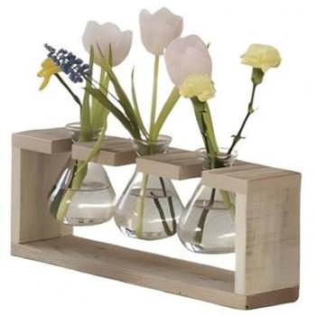 Dekorative Tischvase mit Vasenhalter aus recyceltem Holz