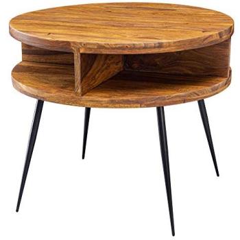 KADIMA DESIGN Sheesham-Rundtisch mit 4 Ablagefächern – schwarzer Metallrahmen