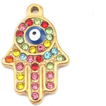 1 Pcs Evil Eye Hand Pendant in 304 Stainless Steel with Multicolor Rhinestones, 45mm x 25mm