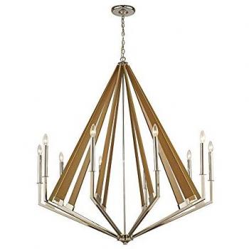10-Light E14 Ceiling Pendant Hilton Decagonal in Polished Nickel and Taupe Wood