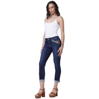 Pantalón de mujer denim slim push up con bajo en vuelta, bordado floral, cierre delantero con cremallera y botón, color azul oscuro