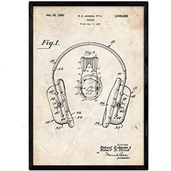Póster de diseño antiguo de patente de auriculares. marco negro