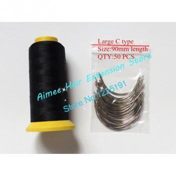 90mm Long Shape Weaving Needles Set (50pcs) with Black Nylon Thread for Hair Weft