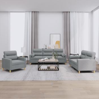 3-Piece Sofa Set with Light Grey Fabric and Cushions