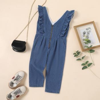 V-Neck Denim Jumpsuit with Ruffles for Children