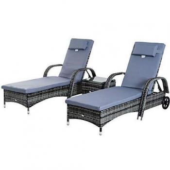 Set de Tumbonas y Mesa de Ratan para Jardín con Respaldo Ajustable (Gris)