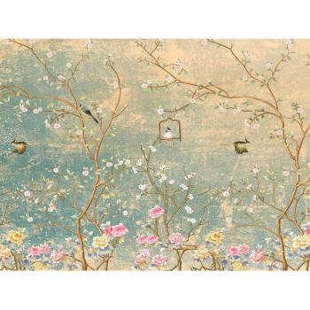 Sanders & Sanders – Tableau murale panoramique fleurs et oiseaux ton bleu canard