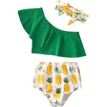 Conjunto de bikini para pequeñas de 0 a 4 años, diseño de piña, camiseta de un hombro, pantalón corto y diadema, 3 uds