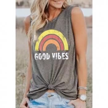 Plus Size Casual Gray Tank Top for Women Good Vibes 3XL