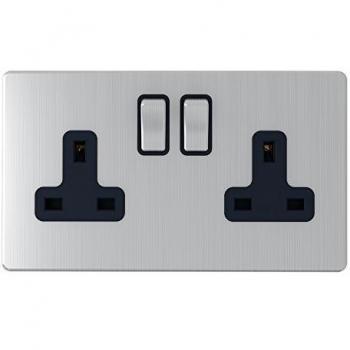 Black Metal Rocker Switch – 2‑Gang 13A, Satin Chrome, AET SL2GSOCBS