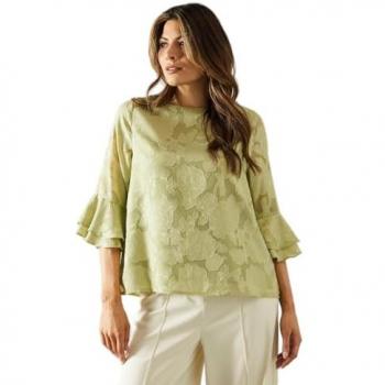 Size 20 Wallis Women's Green Jacquard Frill Sleeve Top