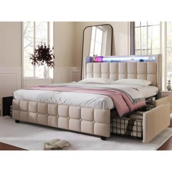LuminaBed 140x200 cm – Lino, iluminación LED, puertos USB y compartimentos de 2 cajones beige