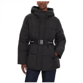 Chaqueta con capucha Calvin Klein Logo Belt Short Puffer negro puro mujer
