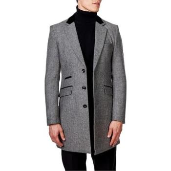 Men's XPOSED COSMO Long Overcoat, Light Grey, 36 – Wool/Herringbone Blend