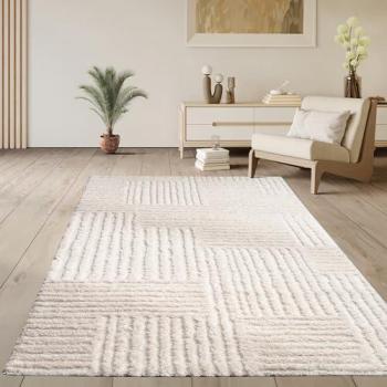 Tapis Salon Shaggy Géométrique Crème 80x150 cm