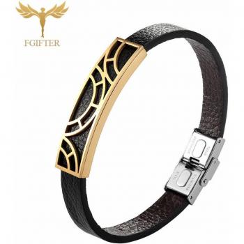 Chic Women's Black Leather and Gold Stainless Steel Bracelet, Adjustable 17/18.5/20cm