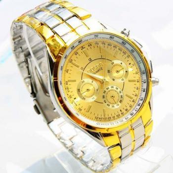 Luxury Gold Men’s Wristwatch – Stainless Steel with Roman Numerals and Crystal Dials