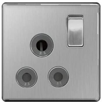 Grey Brushed Steel 1‑Gang Flatplate Switched Socket – 15A, No Screws