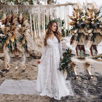White Lace Long Sleeve Maternity Dress V-neck Halter Style Photography Prop