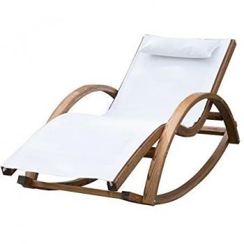 Outsunny Chaise Longue Fauteuil Berçant à Bascule Transat Bain de Soleil Bois Blanc 100 Kg