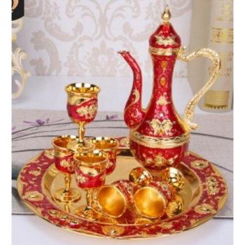 Antique Zinc Alloy Wine Set with 6 Glasses and Serving Tray