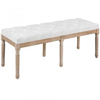 Tabouret capitonné classique en bois sculpté patiné et tissu crème