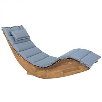 Lettino Prendisole a Dondolo in Legno di Acacia con Cuscino Blu Design Curvo