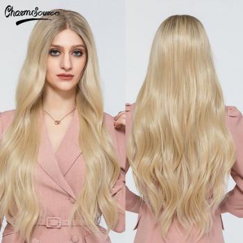 CharmSource Hoge Dichtheid Lange Pruik Bruin Ombre Blond met Natuurlijke Golven