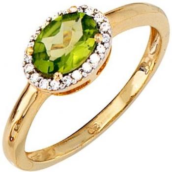 JOBO Elegance‑Ring 585 Gold Gelbgold – 20 Diamanten + 1 Peridot, Größe 56