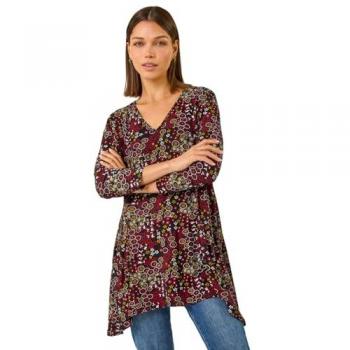 V‑Neck Circular Print Tunic – Roman Red