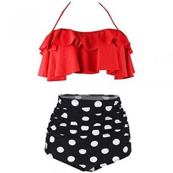 Bikini Deux Pièces Femme Vintage Taille Haute avec Volants (Rouge, L)