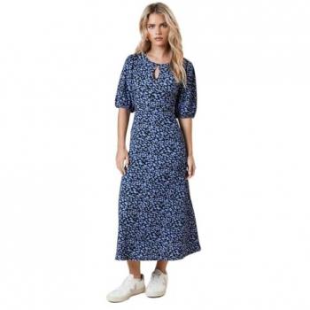 Keyhole Blue Spot Midi Dress – Petite, Puff Sleeves