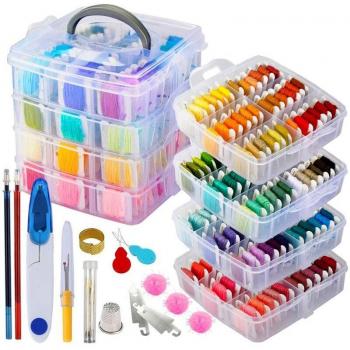200 Color Sewing Thread Floss Set with Floss Bins and Cross Stitch Tools